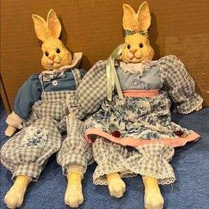 Charming Bunny Couple Figurines in Blue Gingham